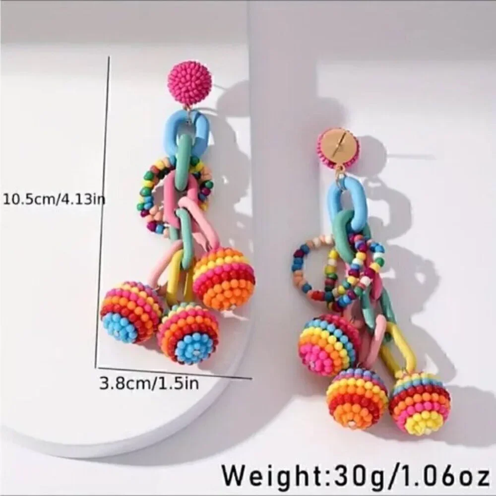 Colorful  Pom Pom Tassel Earrings Beach Vacation - Picture 3 of 3